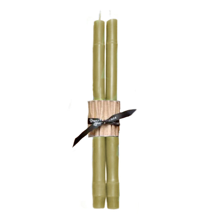 Citron green bamboo beeswax taper candles pair wrapped with FrenchGardenHouse ribbon