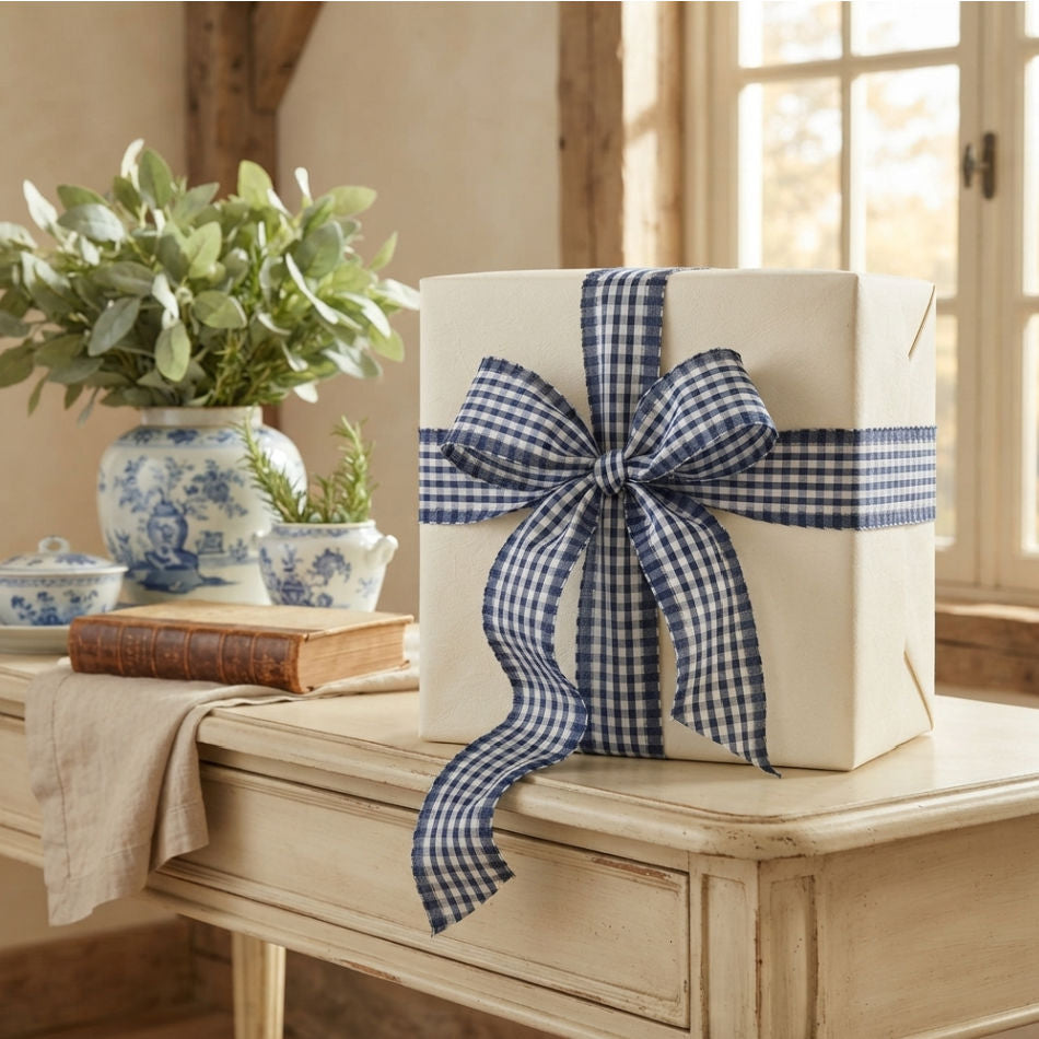 
Bardot blue and white French country checked ribbon on elegant wrapped gift