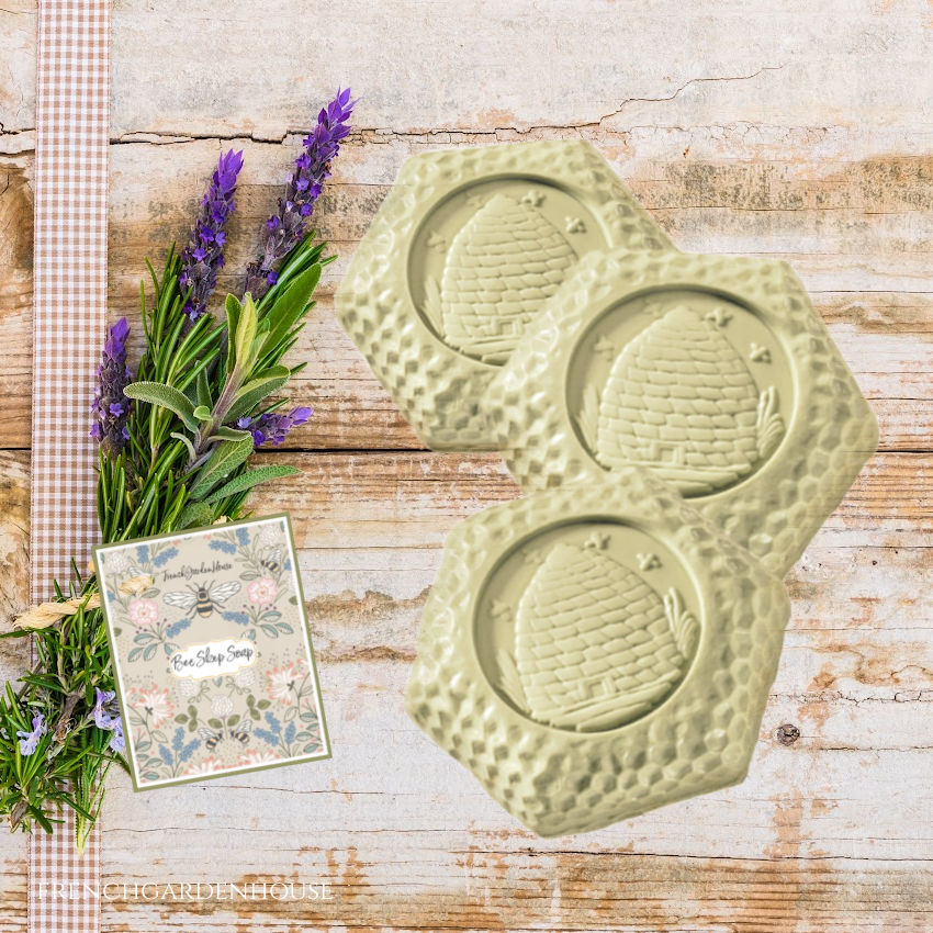 Bee Skep Gardener Soap Set of three hexagonal honeycomb soaps inspired by antique beehive skeps. A charming botanical gift for garden lovers.