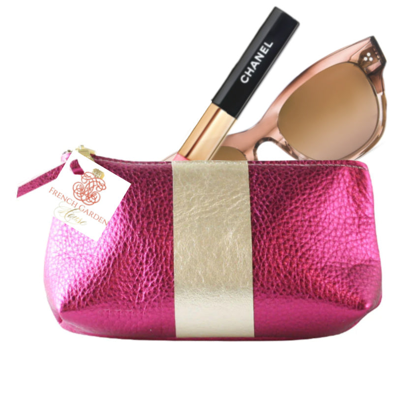 Luxury Leather Brigitte Make-up Bag Cerise &amp; Gold