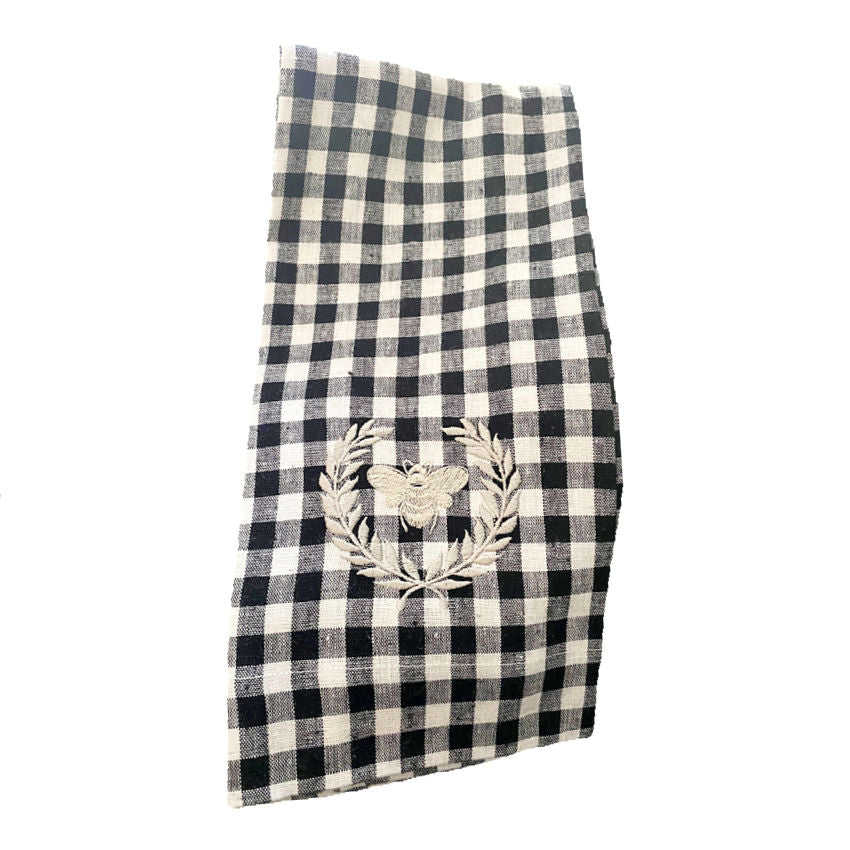 ARTE ITALICA Linen Embroidered French bee towel black and white check