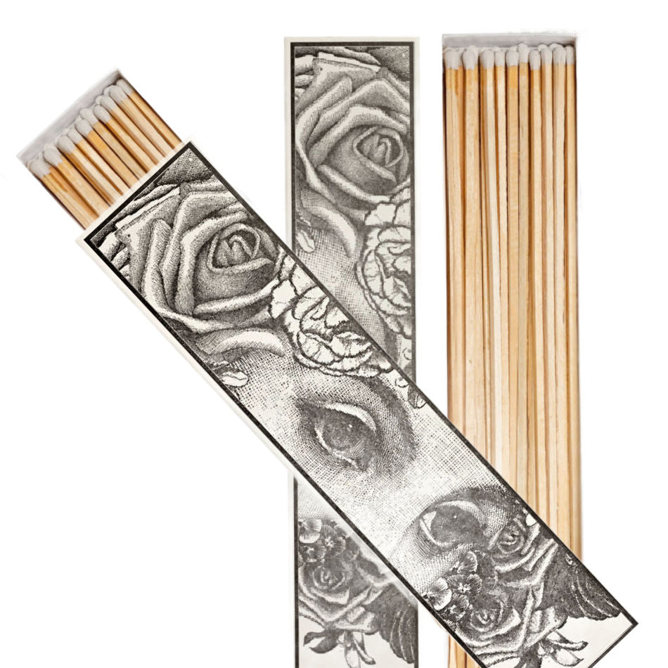 Black and white Art Nouveau long matchbox with extra-long wooden matches