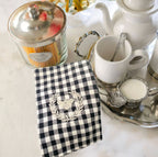  Linen Embroidered French bee towel black and white check styled on coffee and tea tray