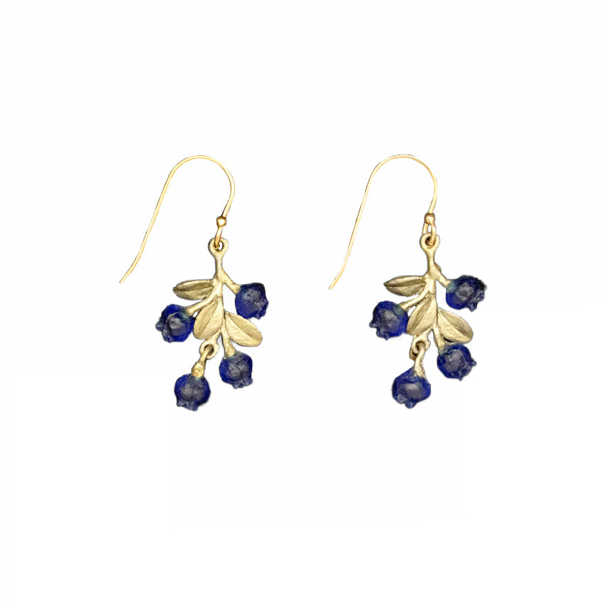 Blueberry dangle earrings in bronze with hand-painted green leaves and deep blue glass berries, sterling posts