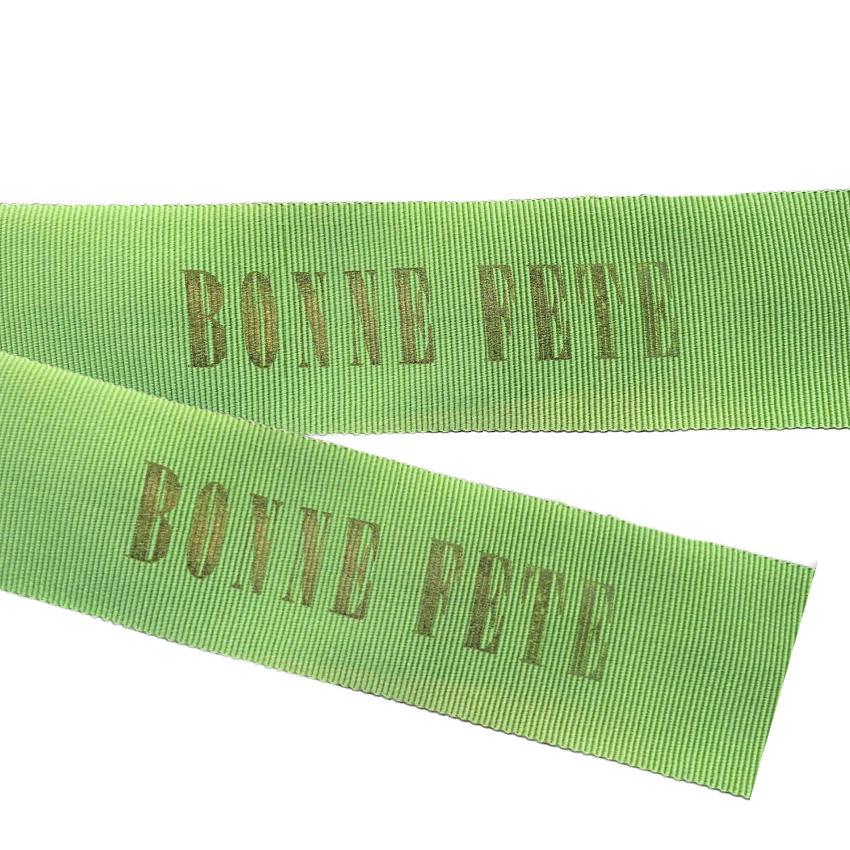 Bonne Fete Grosgrain Ribbon with Gold Lettering on Green