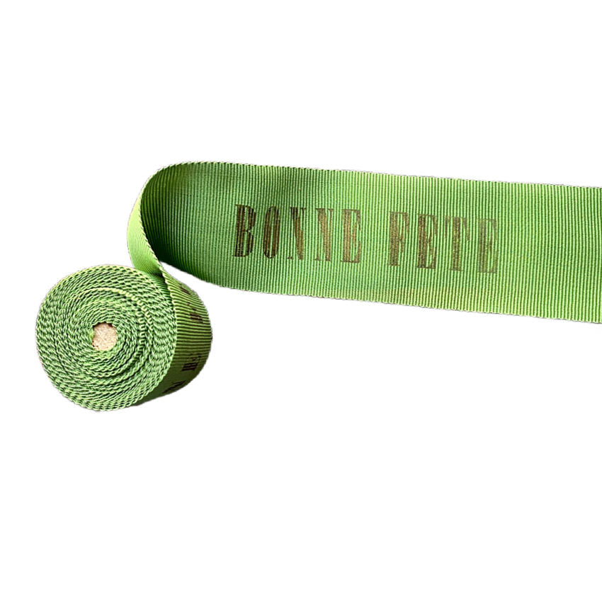 Bonne Fete Grosgrain Ribbon with Gold Lettering on Green