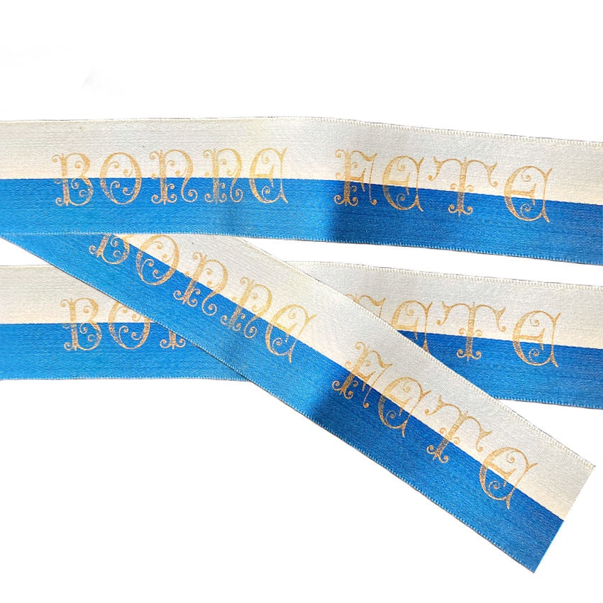 Bonne Fete Satin Ribbon with Gold Lettering on Blue-Cream Satin