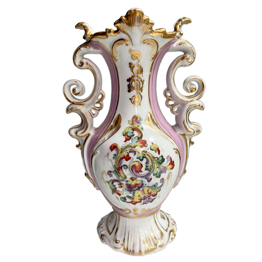 Antique Vieux Paris porcelain vase with hand-painted French scroll design 19th century French decorative vase standing 10¾ inches tall.