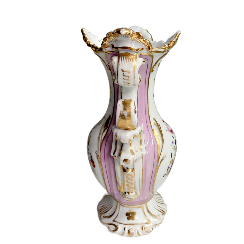 Vieux Paris porcelain, antique French vase, showing hand painted pink striped details and handles.  