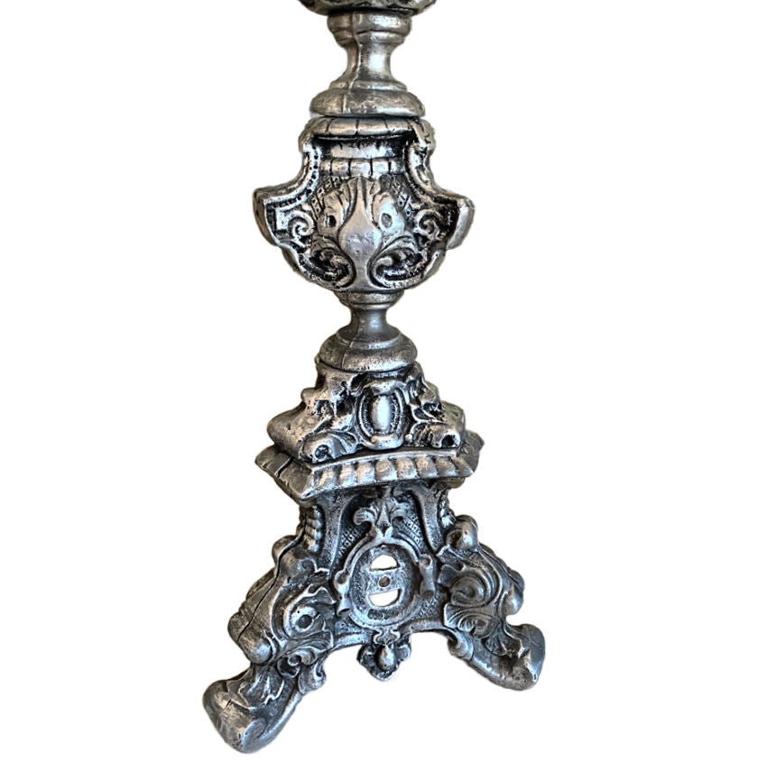 Brocante Cast Metal Silver Color Altar Candlestick with Pricket Spike — 23" High