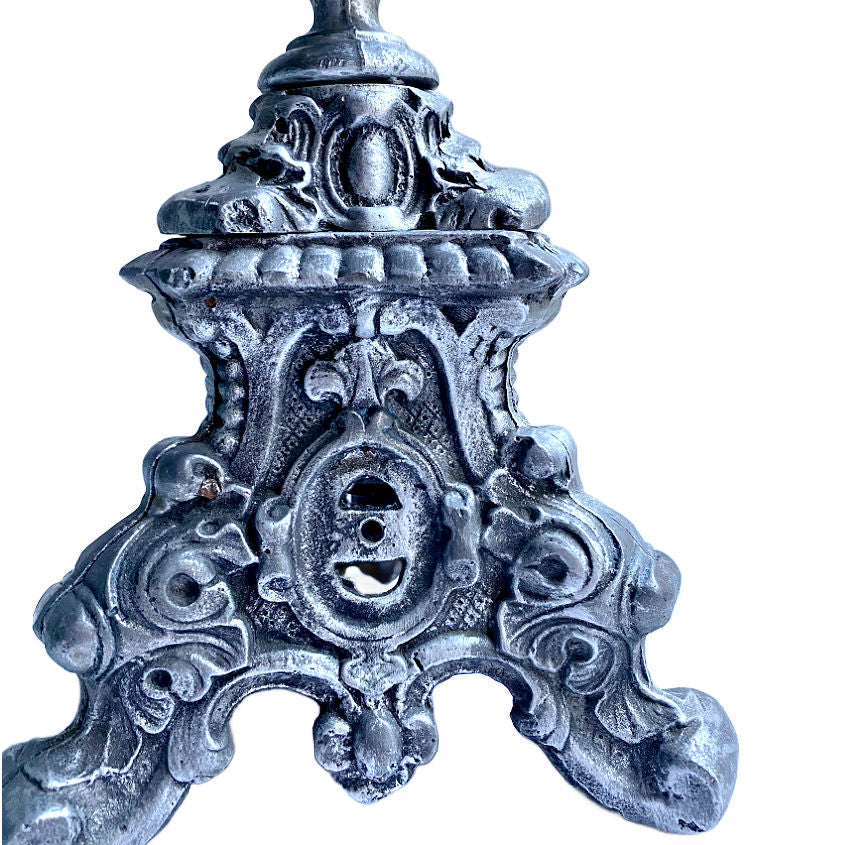 Brocante Cast Metal Silver Color Altar Candlestick with Pricket Spike — 23" High