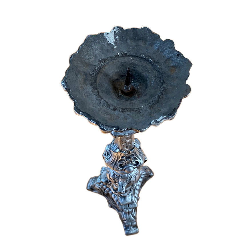 Brocante Cast Metal Silver Color Altar Candlestick with Pricket Spike — 23" High