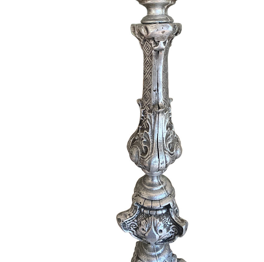 French brocante cast metal silver color altar candlestick with pricket spike, 23 inches high. Decorative ecclesiastical style piece for French country interiors.