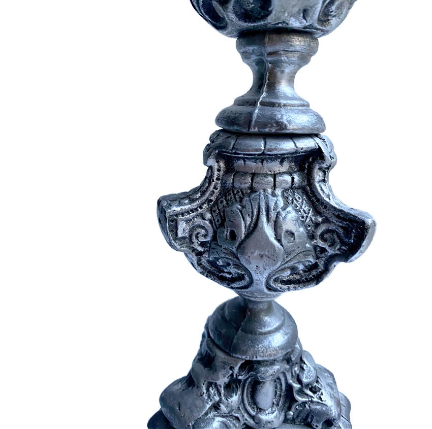 Brocante Cast Metal Silver Color Altar Candlestick with Pricket Spike — 23" High