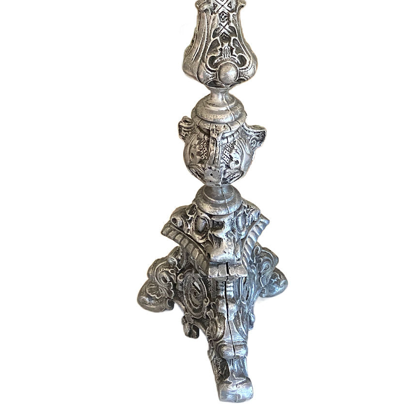 French brocante, altar candlestick, pricket, cast metal, silver tone, ecclesiastical decor, French country, decorative candlestick, tall candlestick, church style, collected interiors, European decor