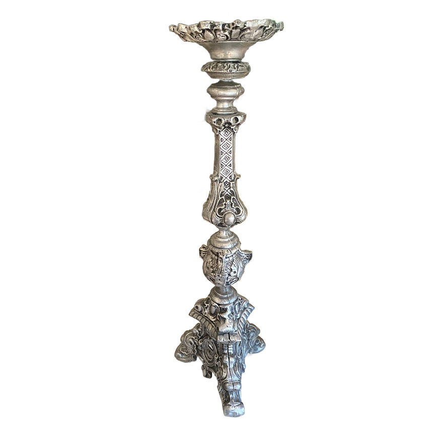 French brocante cast metal silver color altar candlestick with pricket spike, 23 inches high. Decorative ecclesiastical style piece for French country interiors.