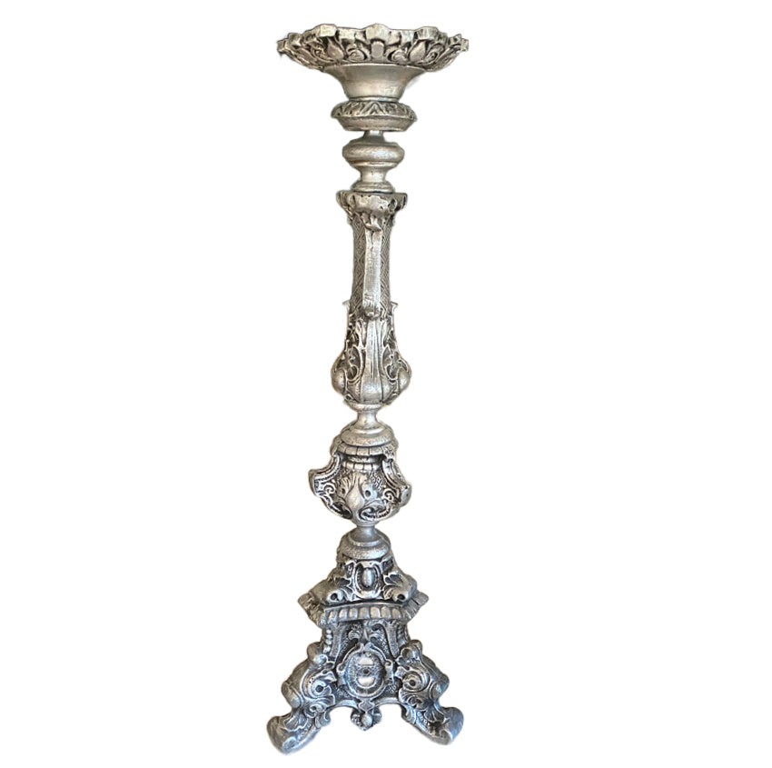 French brocante cast metal silver color altar candlestick with pricket spike, 23 inches high. Decorative ecclesiastical style piece for French country interiors.