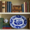 Antique Flow Blue English Platter platter styled in French country living room blue and white decor