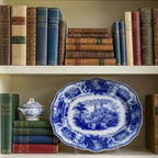 Antique Flow Blue English Platter platter styled in French country living room blue and white decor