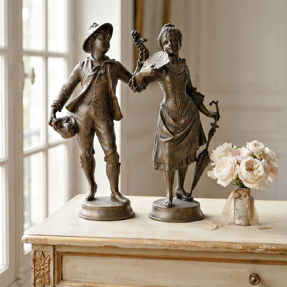 Two bronze classical figurines of a young man and woman standing on a distressed cream-colored wooden cabinet, with a small vase of pale pink roses beside them. French figures
