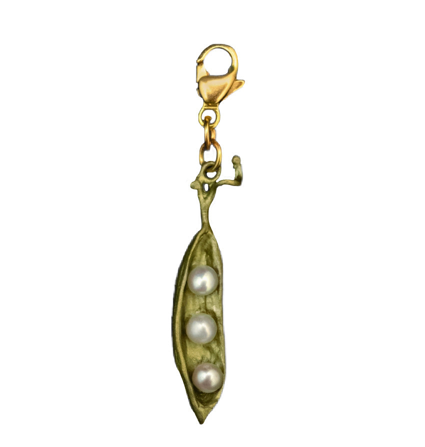 Cast Bronze Peapod Charm with three freshwater pearls,  perfect for layering on necklaces or bracelets.