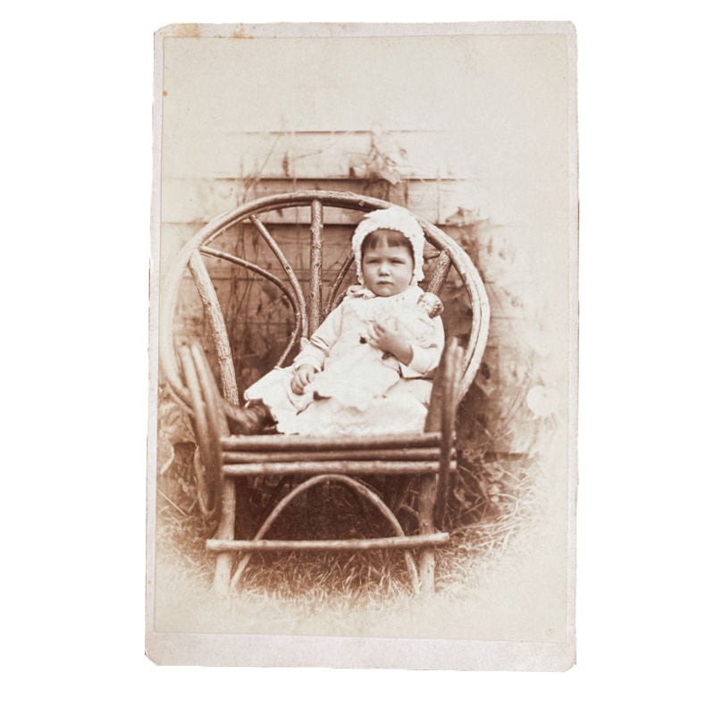 Charming Genuine Antique Sepia Photo Girl with Large Frozen Charlotte Doll