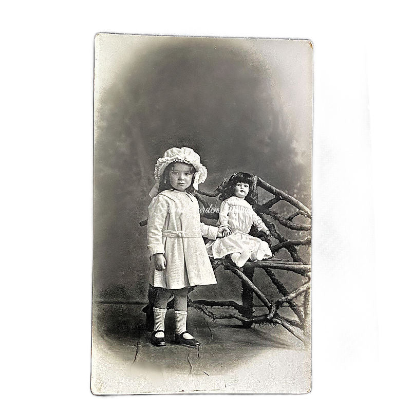 Antique Studio Photo Girl with Fabulous Antique Doll