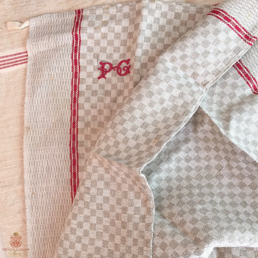 Antique Linen Checked Towel Red Monogram PG