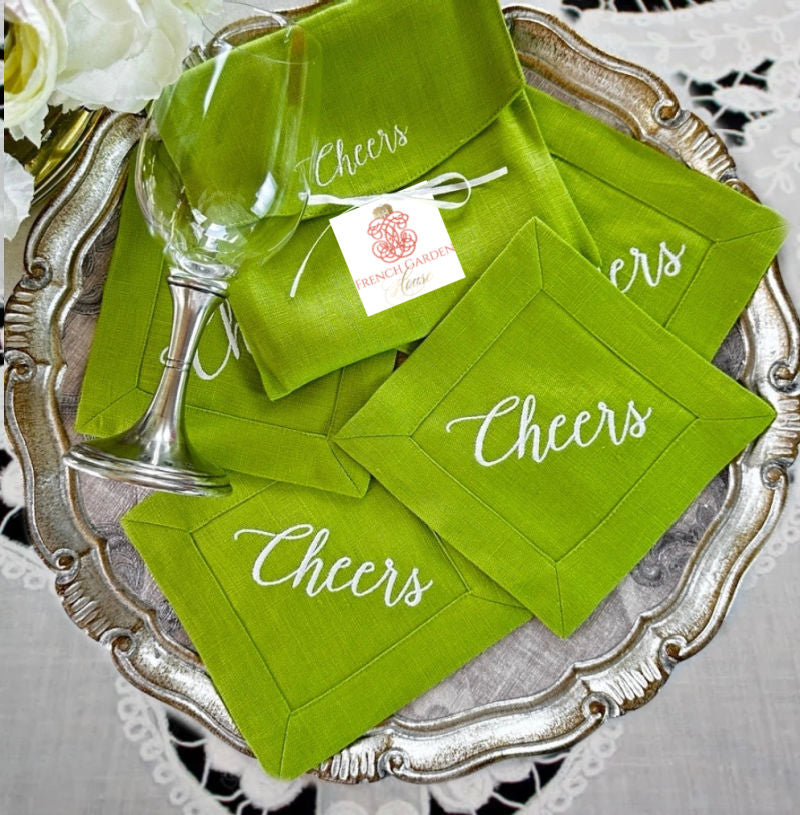 Bright Green Cheers Linen Cocktail Napkin Set