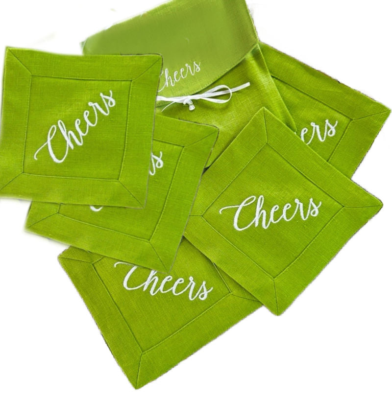 Bright Green Cheers Linen Cocktail Napkin Set