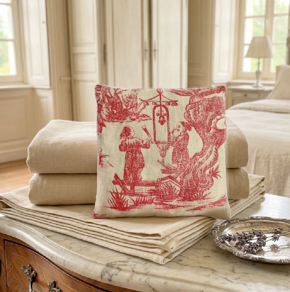 Chinoiserie Linen French Lavender Sachet on antique French bedside table