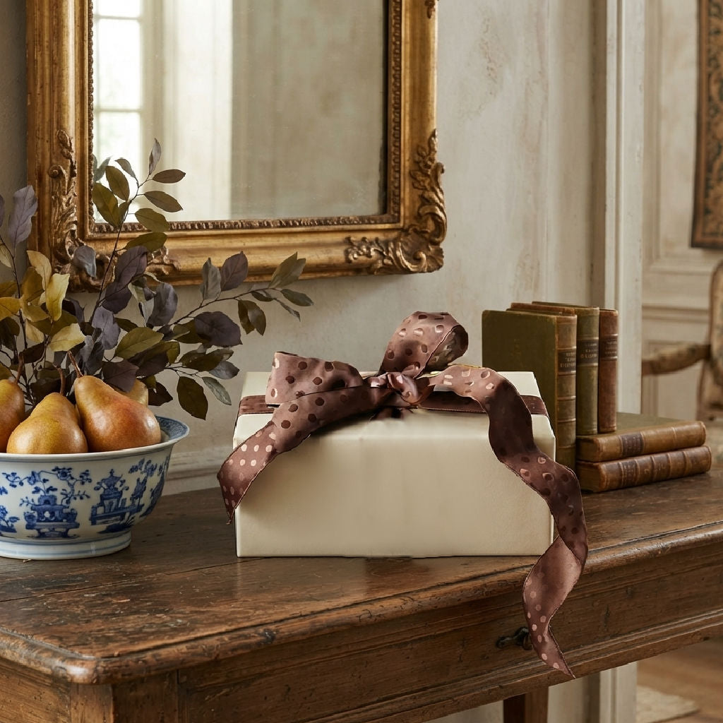 Parisian Bonbon de Chocolat brown polka dot wired ribbon on elegant wrapped gift