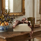 Parisian Bonbon de Chocolat brown polka dot wired ribbon on elegant wrapped gift