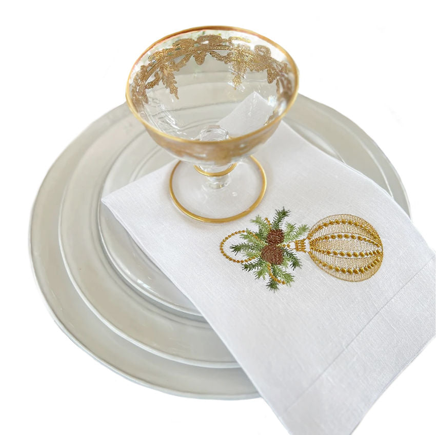 Christmas Ornament Tri-Fold Napkin Set of 2 gold embroidery