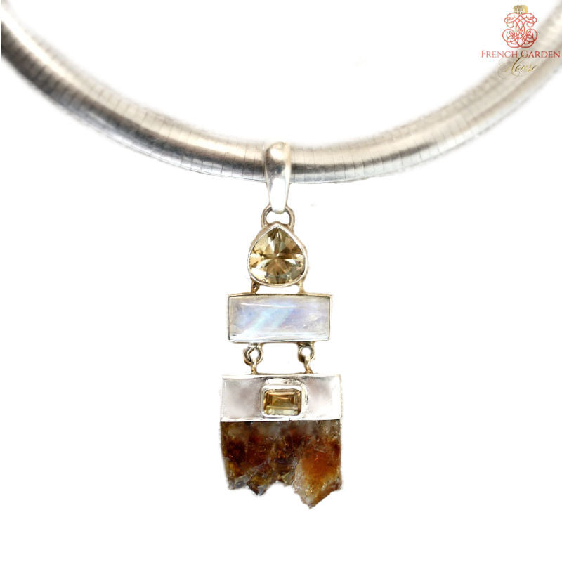 One-of-a-kind sterling silver artisan necklace with citrine and amethyst gemstones. Sculptural handcrafted studio jewelry, elegant and collectible statement piece.