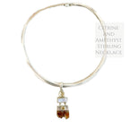 One-of-a-kind sterling silver artisan necklace with citrine and amethyst gemstones. Sculptural handcrafted studio jewelry, elegant and collectible statement piece.
