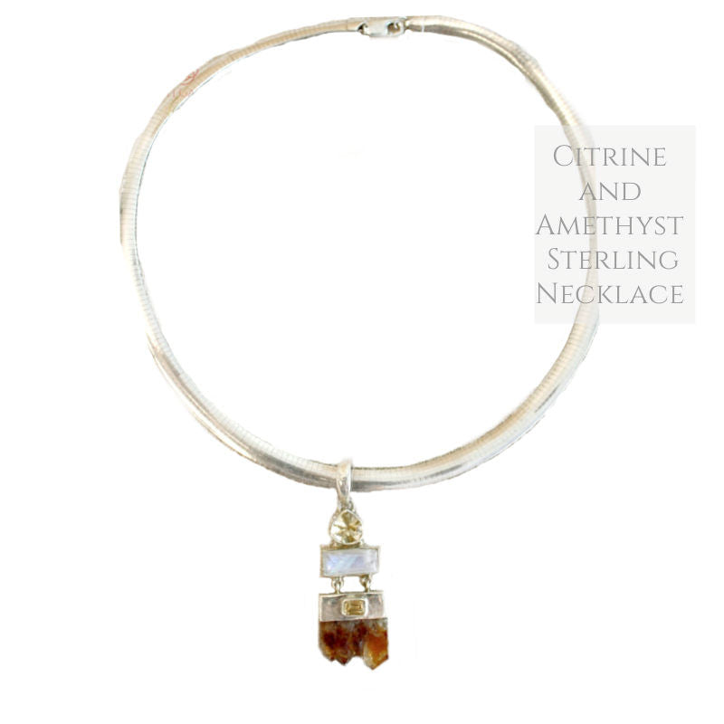One-of-a-kind sterling silver artisan necklace with citrine and amethyst gemstones. Sculptural handcrafted studio jewelry, elegant and collectible statement piece.