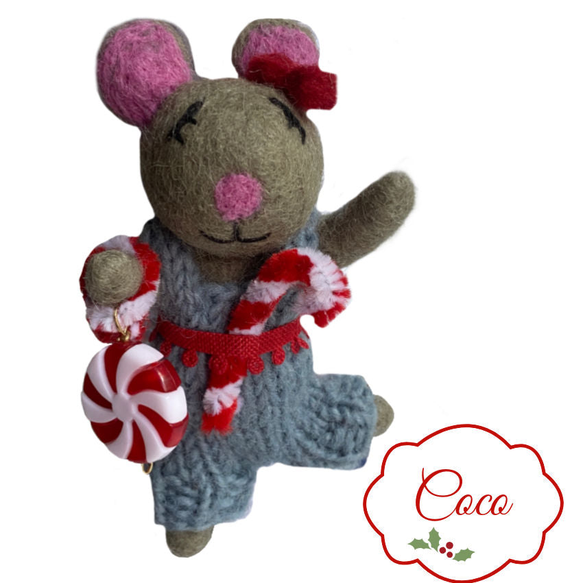 Coco Holiday Felted Mouse Ornament wearing a blue kint jumpsut and red bow, with a candy cane and a peppermint candy for the Christmas tree