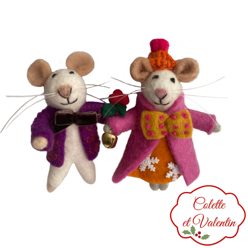 Colette et Valentin Felted Wool Holiday Mice Ornaments Set of 2 in bright pink, purple and orange clothing