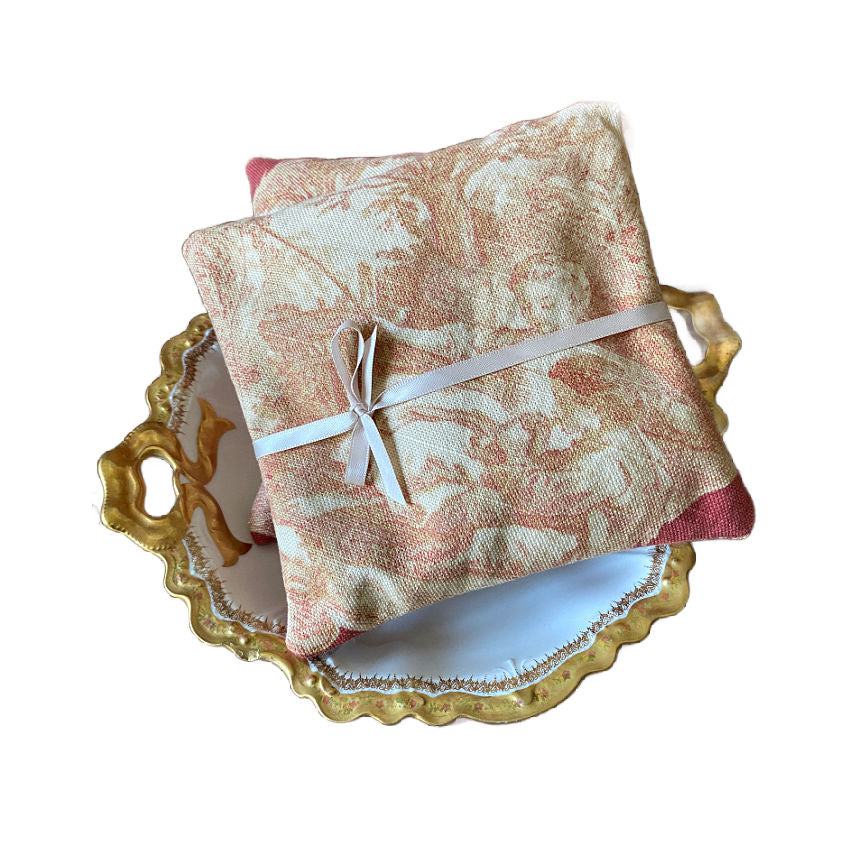 Coral French Courting Couple Linen Lavender Sachet Pillow