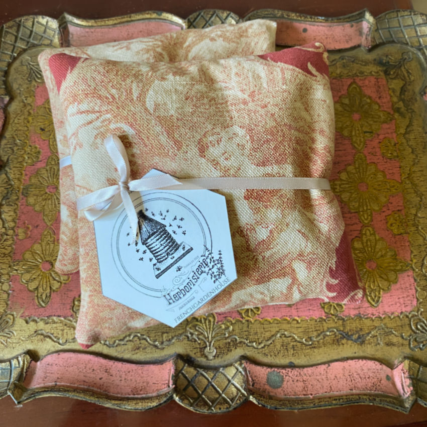 Coral French Courting Couple Linen Lavender Sachet Pillow