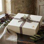 Crème et Chocolat French country check ribbon tied on an autumn gift