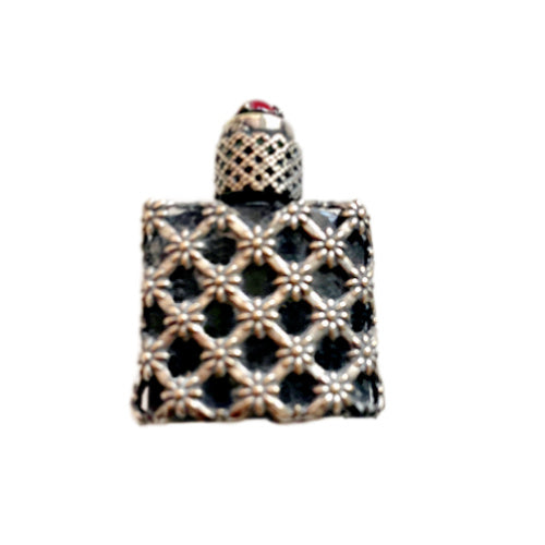 Delicate Art Deco French silver mini perfume bottle with ruby‑tone glass jewel — a finely crafted collectible treasure.