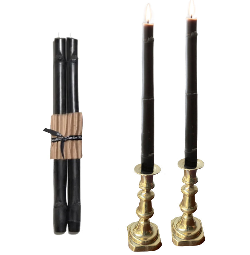 Hand Made Bamboo Beeswax Taper Candles Pair Black