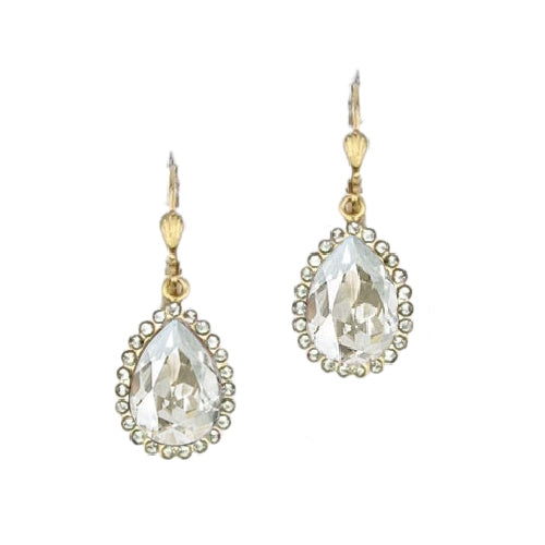 Timeless Diamant crystal teardrop earrings with stone halo, 14k gold-finish over copper. Inspired by antique French molds for elegant Parisian luxury.