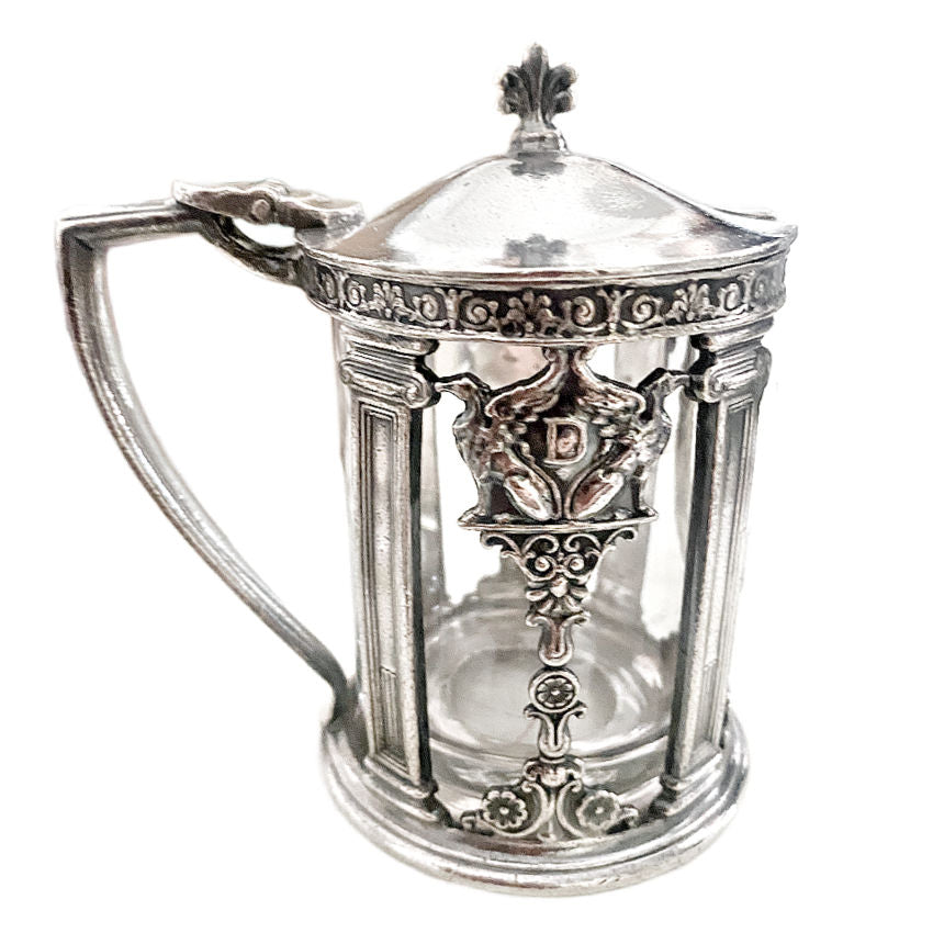 Antique Hotel Deshler mustard pot showing distinctive D hotel crest