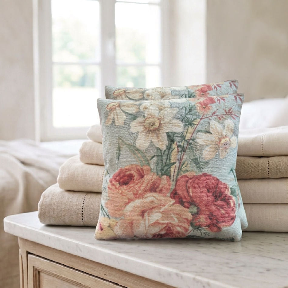 French lavender sachet pillows made by Parisian Atelier in a garden rose and duck egg blue linen