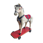Antique fabric covered horse pull toy with leatherette bridle