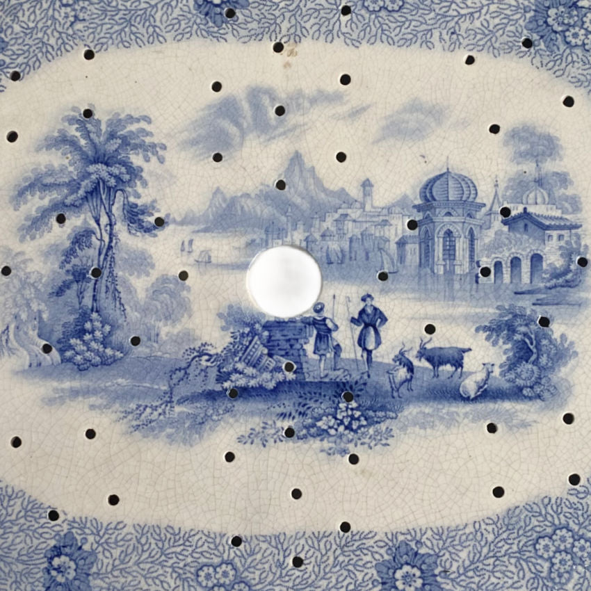 Early 19th Century Blue & White Meat Drainer Floral Border