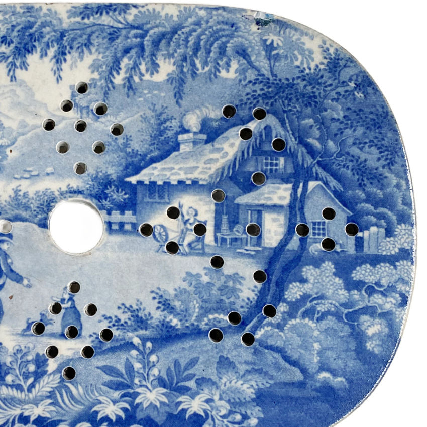 Antique Early 19th Century English Pearlware Blue &amp; White Transfer Ware Mazarin Strainer for a Platter